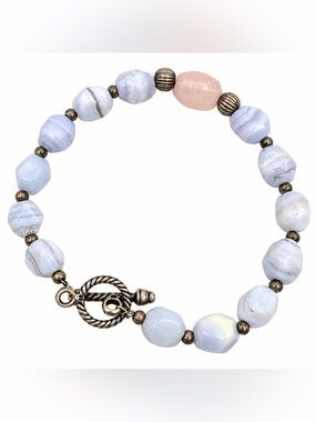925 Sterling Silver Natural Stone Bracelet Blue Agate Pink Gemstone